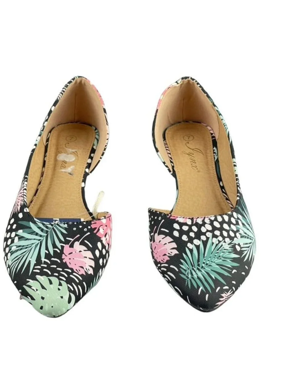 Tropical Print Womens Pointed-Toe Ballet Flats Size 7 Jynx Black With Pink & Gre - Picture 2 of 11